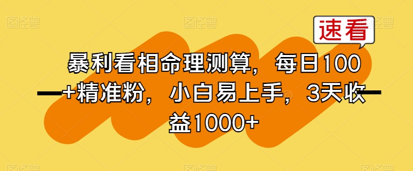 【10289】暴利看相命理测算，每日100+精准粉，小白易上手，3天收益1000+【揭秘】