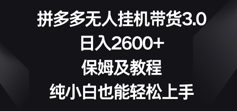 【11230】拼多多无人挂机带货3.0高收益玩法，日入2600+，保姆及教程，纯小白也能轻松上手