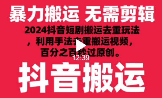 【11786】2024最新抖音搬运技术，抖音短剧视频去重，手法搬运，利用工具去重，达到秒过原创的效果【揭秘】