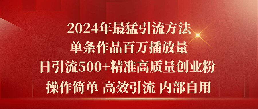 【12980】2024年最猛暴力引流方法，单条作品百万播放 单日引流500+高质量精准创业粉