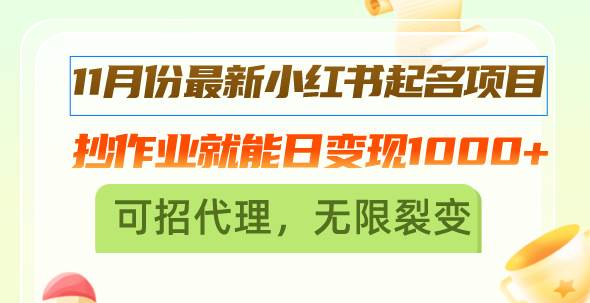 【15248】11月份最新小红书起名项目，抄作业就能日变现1000+，可招代理，无限裂变