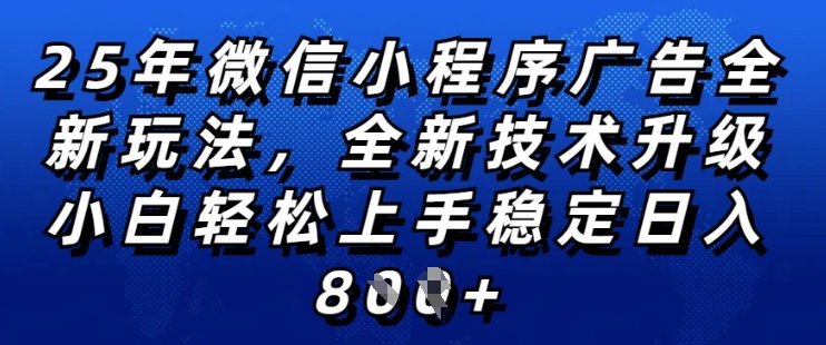 【16719】2025年微信小程序全新玩法纯小白易上手，稳定日入多张，技术全新升级，全网首发【揭秘】