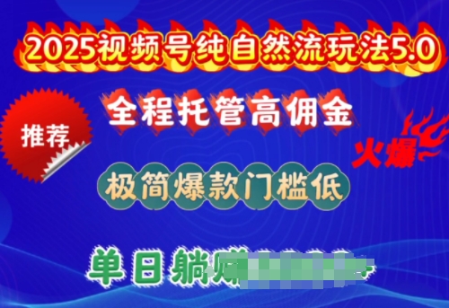 【16740】2025视频号纯自然流玩法5.0，全程托管高佣金，极简爆款门槛低，单日收益多张【揭秘】
