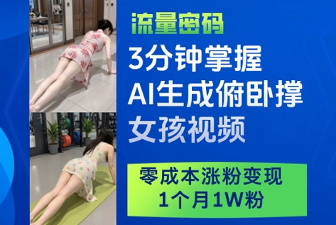 【17719】3分钟掌握AI生成俯卧撑女孩视频，零成本涨粉变现，1个月1W粉