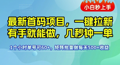 【18484】最新首码项目，一键拉新有手就能做，几秒钟一单，1个小时单号可60+，矩阵批量做每天5张【揭秘】