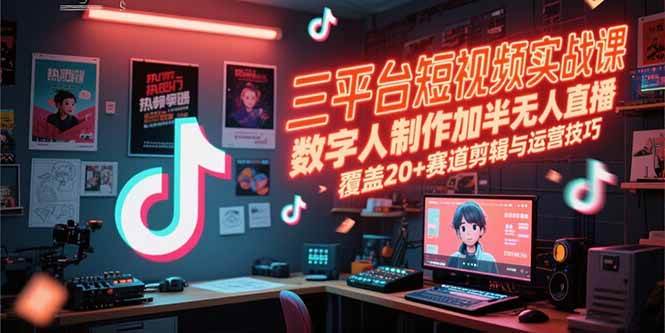 【18497】宝子哥抖音快手视频号三平台短视频实战课，数字人制作加半无人直播，覆盖20+赛道剪辑与运营技巧