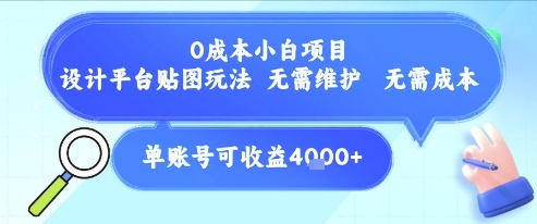 【18504】0成本小白项目，设计平台贴图玩法，无需维护，无需成本，单账号单月可产生收益4k+