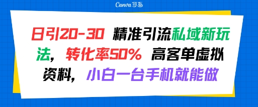 【18913】日引 20-30 精准引流私域新玩法，转化率50% 高客单虚拟资料，小白一台手机就能做