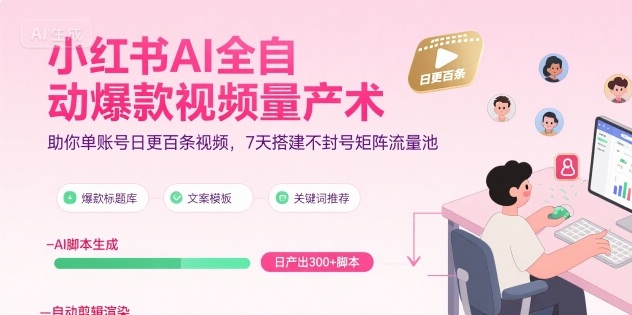 【19306】小红书AI全自动爆款视频量产术，助你单账号日更百条视频，7天搭建不封号矩阵流量池（更新8月）