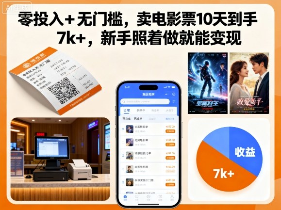 【19728】零投入+无门槛，卖电影票10天到手7k+，新手照着做就能变现【揭秘】