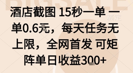 【19742】酒店截图15秒一单，一单0.6米，每天任务无上限，全网首发可矩阵单日收益3张【揭秘】