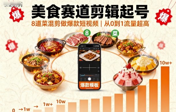 【19772】野狼团队美食赛道剪辑起号，8道菜混剪做爆款短视频，从0到1，流量超高