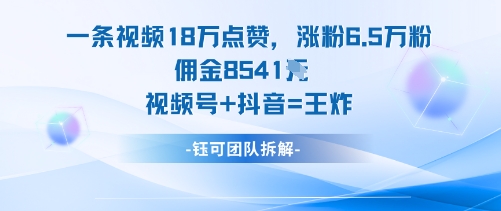 【19987】一条视频18W点赞，涨粉6.5W粉佣金8541米，视频号+抖音=王炸