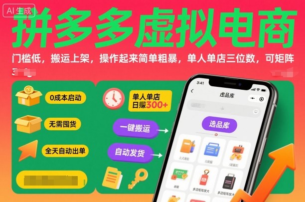 【20002】拼多多虚拟电商，门槛低，搬运上架，操作起来简单粗暴，单人单店三位数，可矩阵