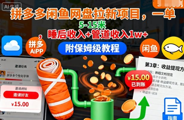 【20071】拼多多闲鱼网盘拉新项目，一单5-15米，睡后收入+管道收入1w+（附保姆级教程）