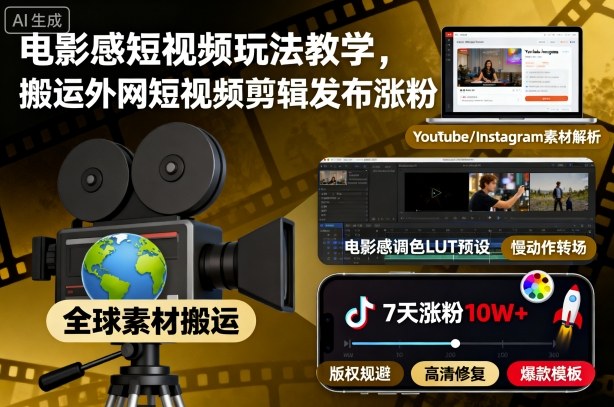 【20093】电影感短视频玩法教学，搬运外网短视频剪辑发布涨粉