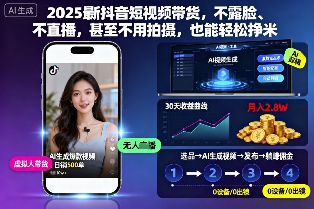 【20158】2025最新抖音短视频带货，不露脸、不直播，甚至不用拍摄，也能轻松挣米