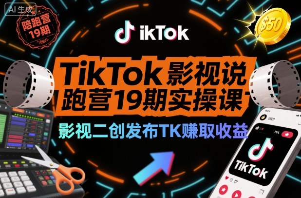 【20291】狂朝小熊TikTok影视解说陪跑营19期实操课，影视二创发布TK賺取收益，万播收益50美金