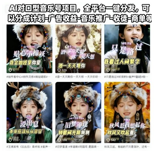 【20352】AI对口型音乐号项目，全平台一键分发，可以分成计划-广告收益-音乐推广-收徒-商单等（更新）