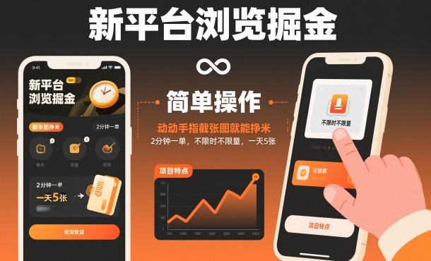 【20447】新平台浏览掘金，动动手指截张图就能挣米，2分钟一单，不限时不限量，一天5张【揭秘】