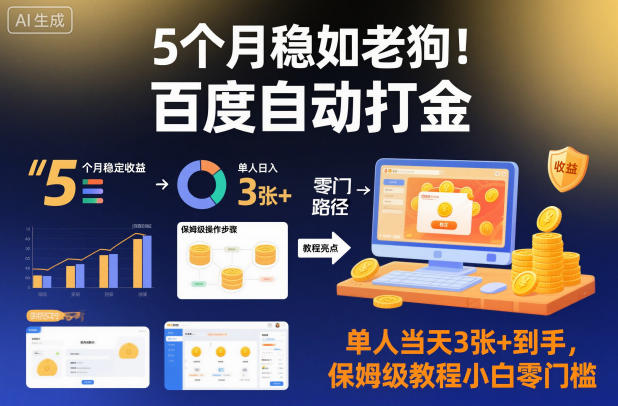 【20471】5个月稳如老狗！百度自动打金，单人当天3张+到手，保姆级教程小白零门槛【揭秘】