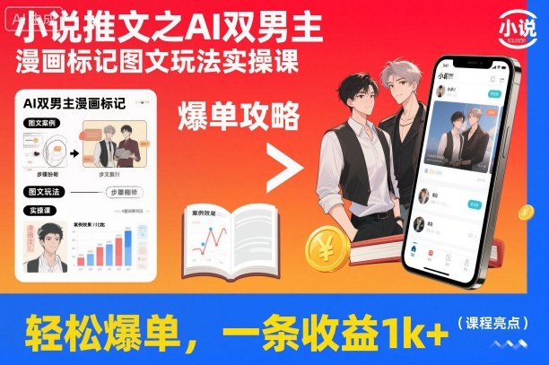 【20474】小说推文之AI双男主漫画标记图文玩法实操课，轻松爆单，一条收益1k+