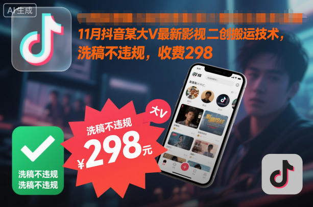 【20613】11月抖音某大V最新影视二创搬运技术，洗稿不违规，收费298