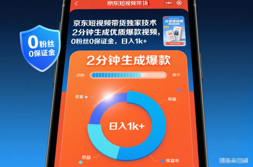 【20708】京东短视频带货独家技术，2分钟生成一条优质爆款视频，0粉丝0保证金，日入1k+【揭秘】