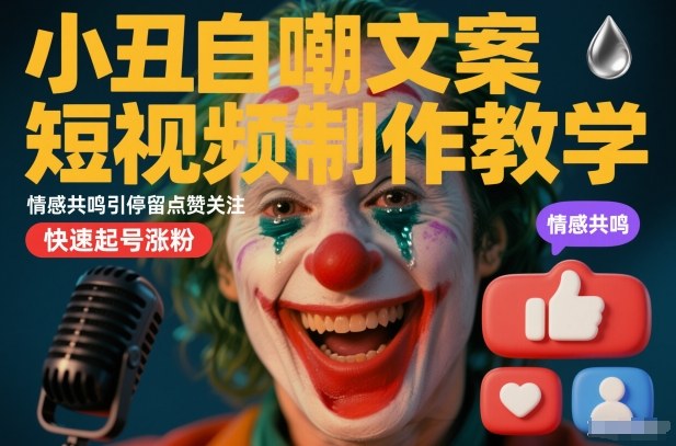 【20885】小丑自嘲文案短视频制作教学，情感共鸣引停留点赞关注，快速起号涨粉