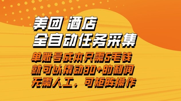 【20894】美团酒店全自动任务采集，单账号几毛钱就能撬动30+利润，成本低，操作简单，当天到账【揭秘】